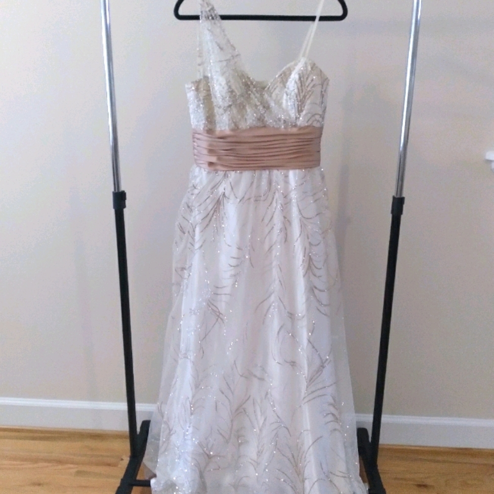 Champagne, White and Silver One Shoulder Dress
